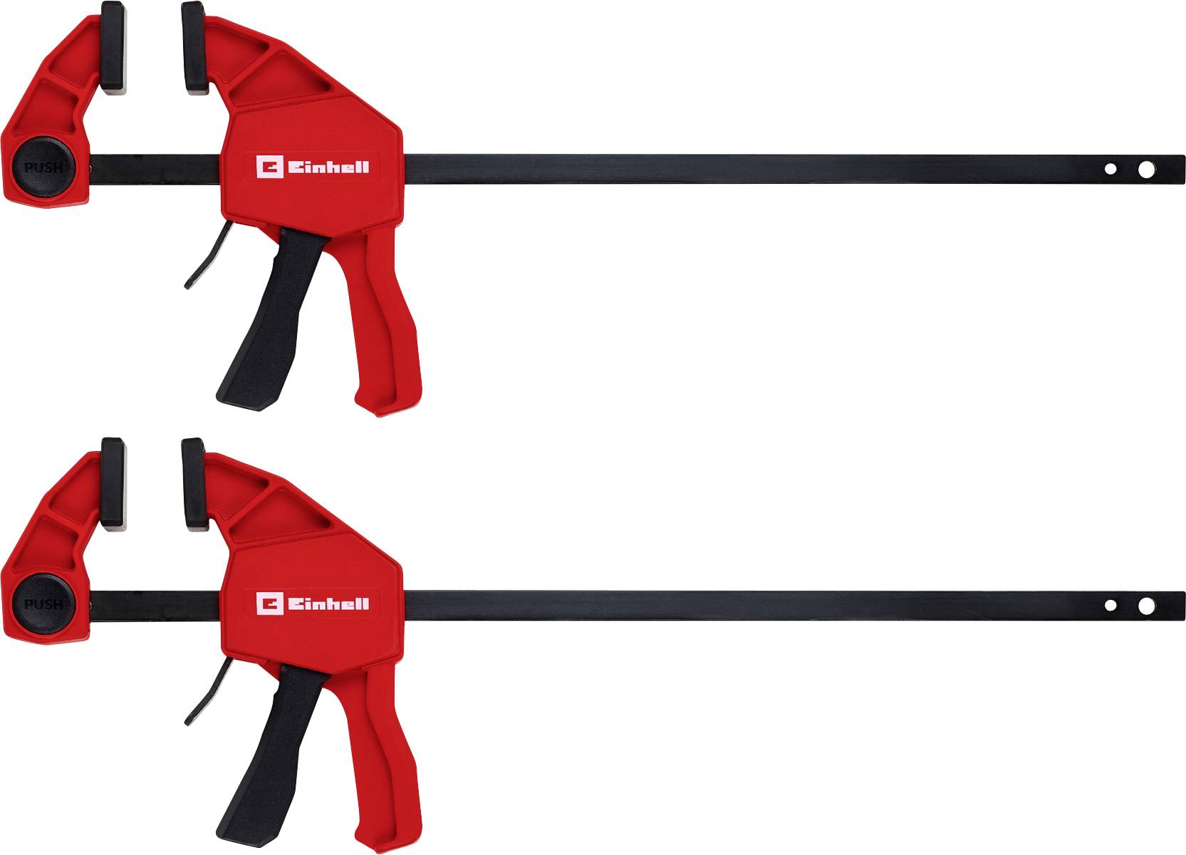 Deux serre-joints à barre rouge avec mâchoires noires et longs rails en acier, présentés empilés sur un fond blanc.