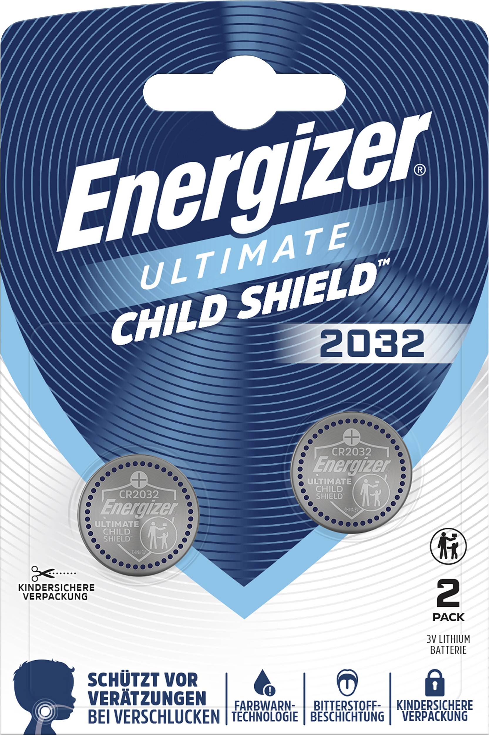Piles bouton Energizer Ultimate Child Shield CR2032, paquet de 2, avec emballage inviolable à l'épreuve des enfants et icônes d'avertissement.