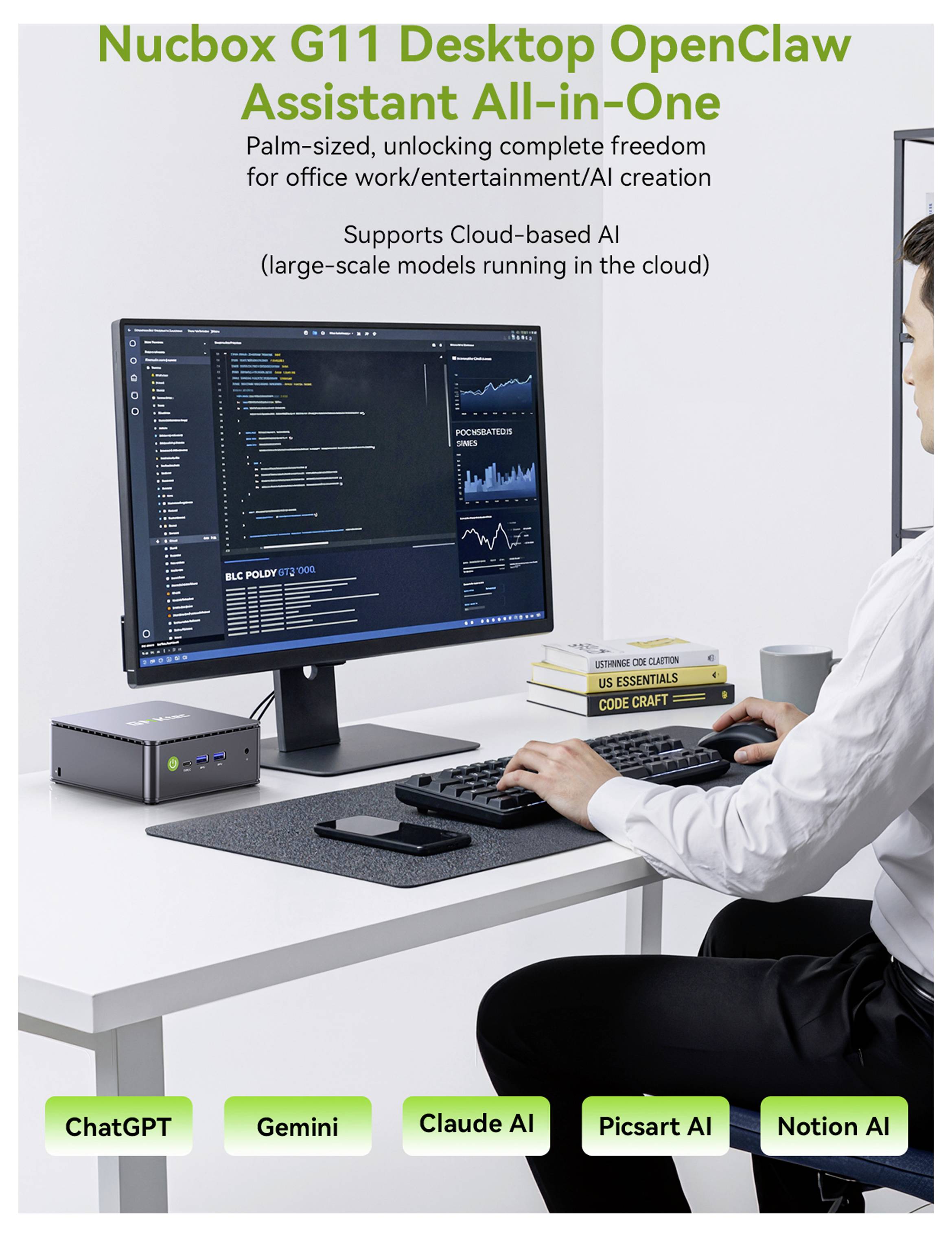 Werbebild eines Nucbox G11 Desktop OpenClaw-Assistent All-in-One-PCs mit Monitor, Tastatur und kleinem Mini-PC, dargestellt mit Text über Cloud-basierte KI und Unterstützung für ChatGPT, Gemini, Claude AI, Picsart AI und Notion AI.