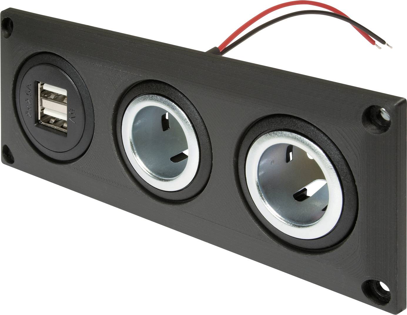 Panneau noir avec deux ports USB et deux prises de douille rondes 12V, avec des fils d'alimentation rouges et noirs attachés.