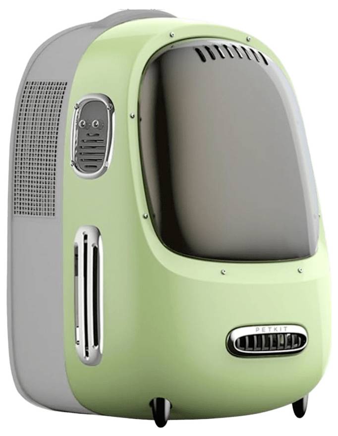 Transporteur pour animaux de compagnie Petkit vert et gris avec une fenêtre avant arrondie et des fentes de ventilation, présenté sur un fond blanc.