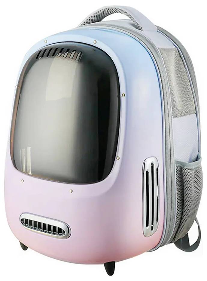 Un sac à dos de transport pour animaux de compagnie rose pastel et bleu avec une fenêtre avant transparente et une ventilation latérale, présenté sur un fond blanc.