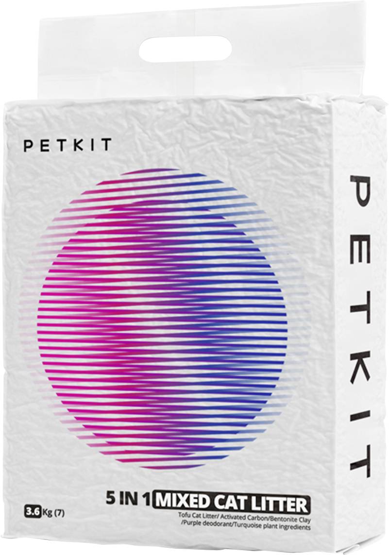 Sac de litière pour chat mélangée PETKIT 5 en 1, emballage blanc avec un cercle rayé rose et bleu, 3,6 kg.