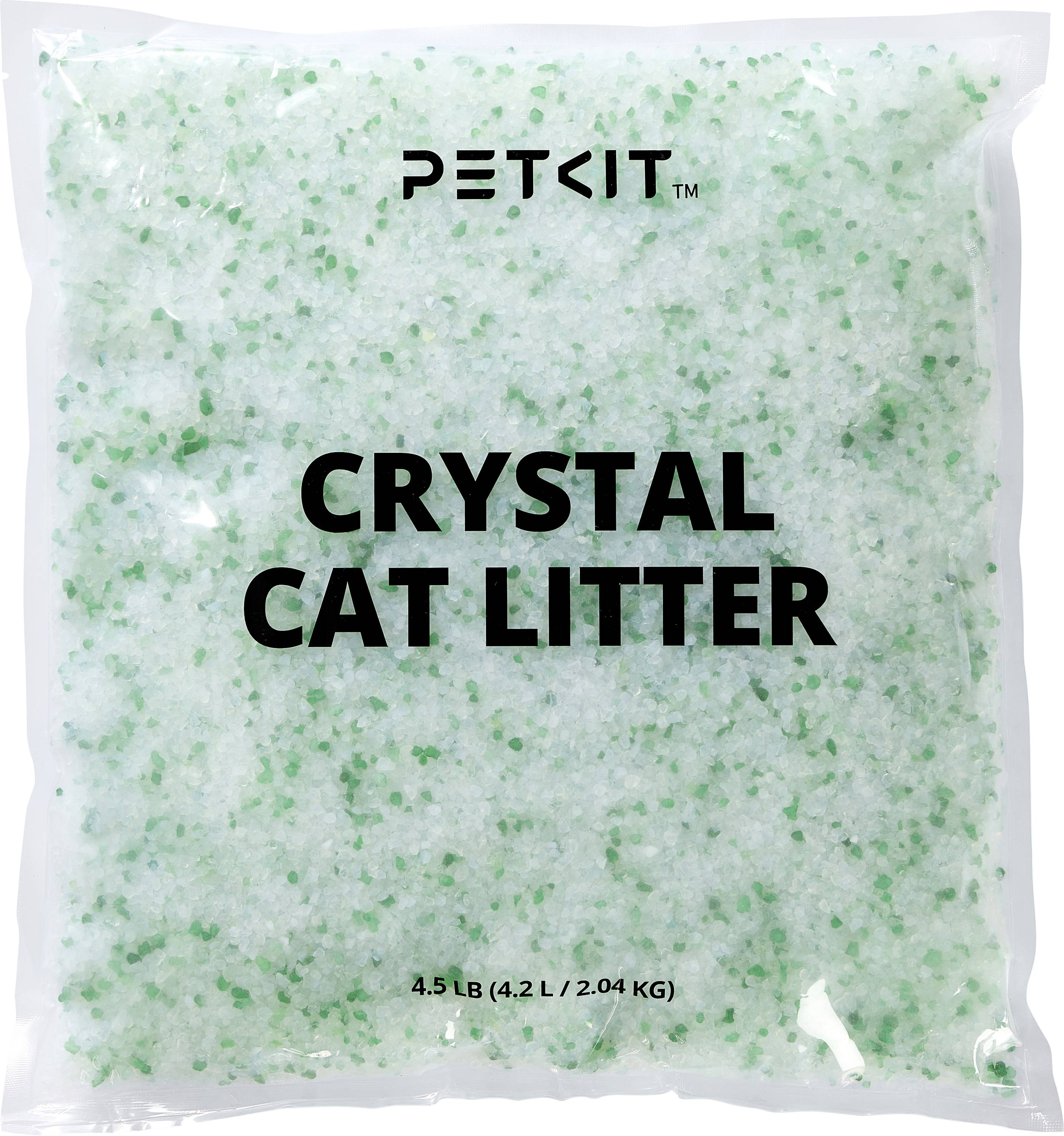 Sac de litière cristalline pour chat Petkit, étiqueté « CRYSTAL CAT LITTER » et pesant 4,5 lb (4,2 L / 2,04 kg).