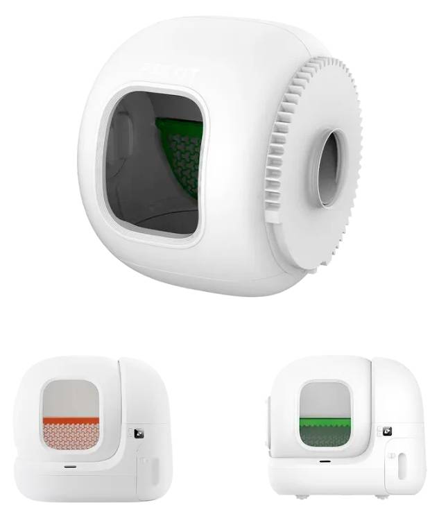 Bac à litière pour chat automatique blanc arrondi avec ouverture frontale et filtre latéral, présenté en trois vues sur fond blanc.