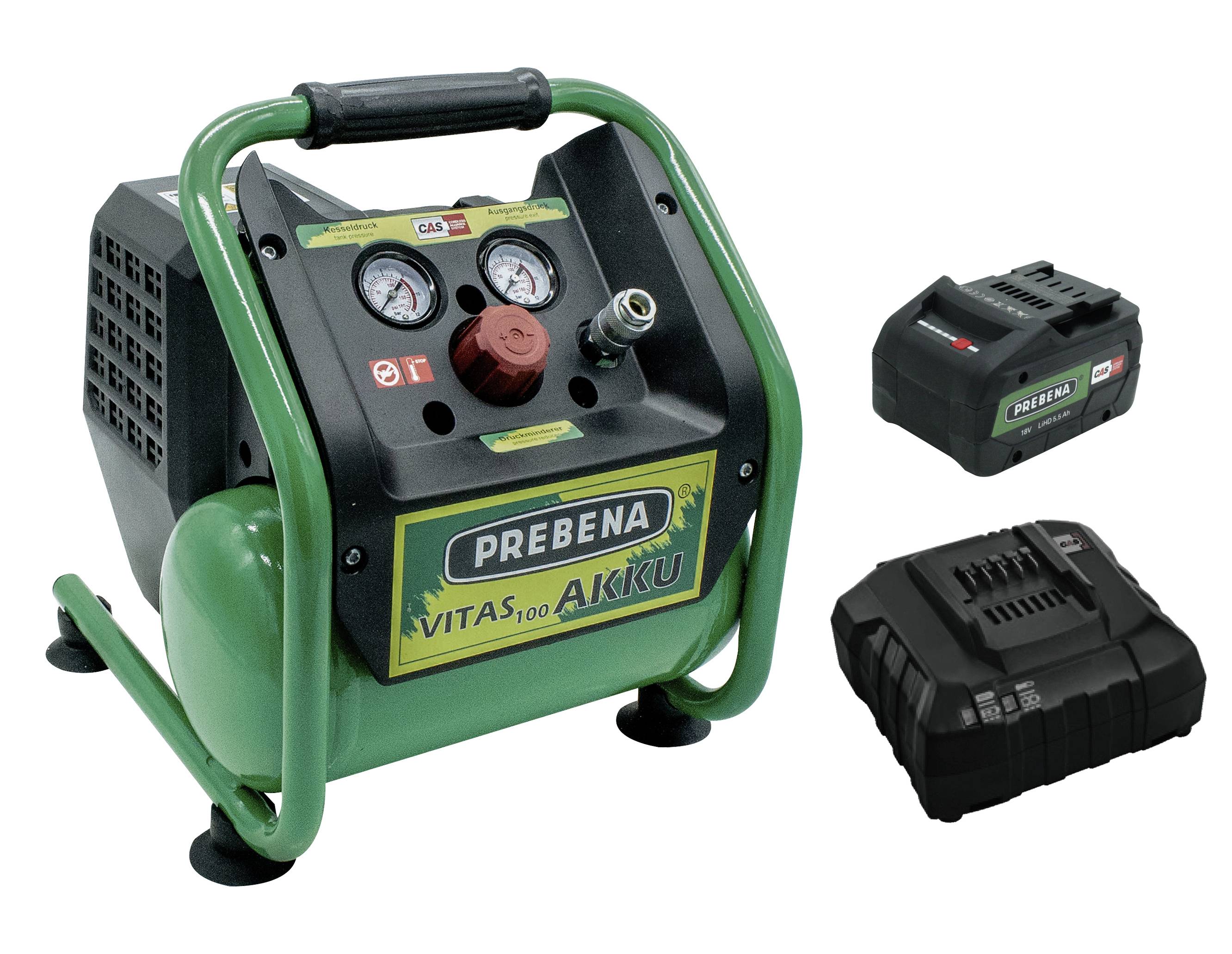 Compresseur d'air portable écologique PRERENA avec manomètres, connecteur de tuyau et deux packs de batterie noirs affichés à côté.