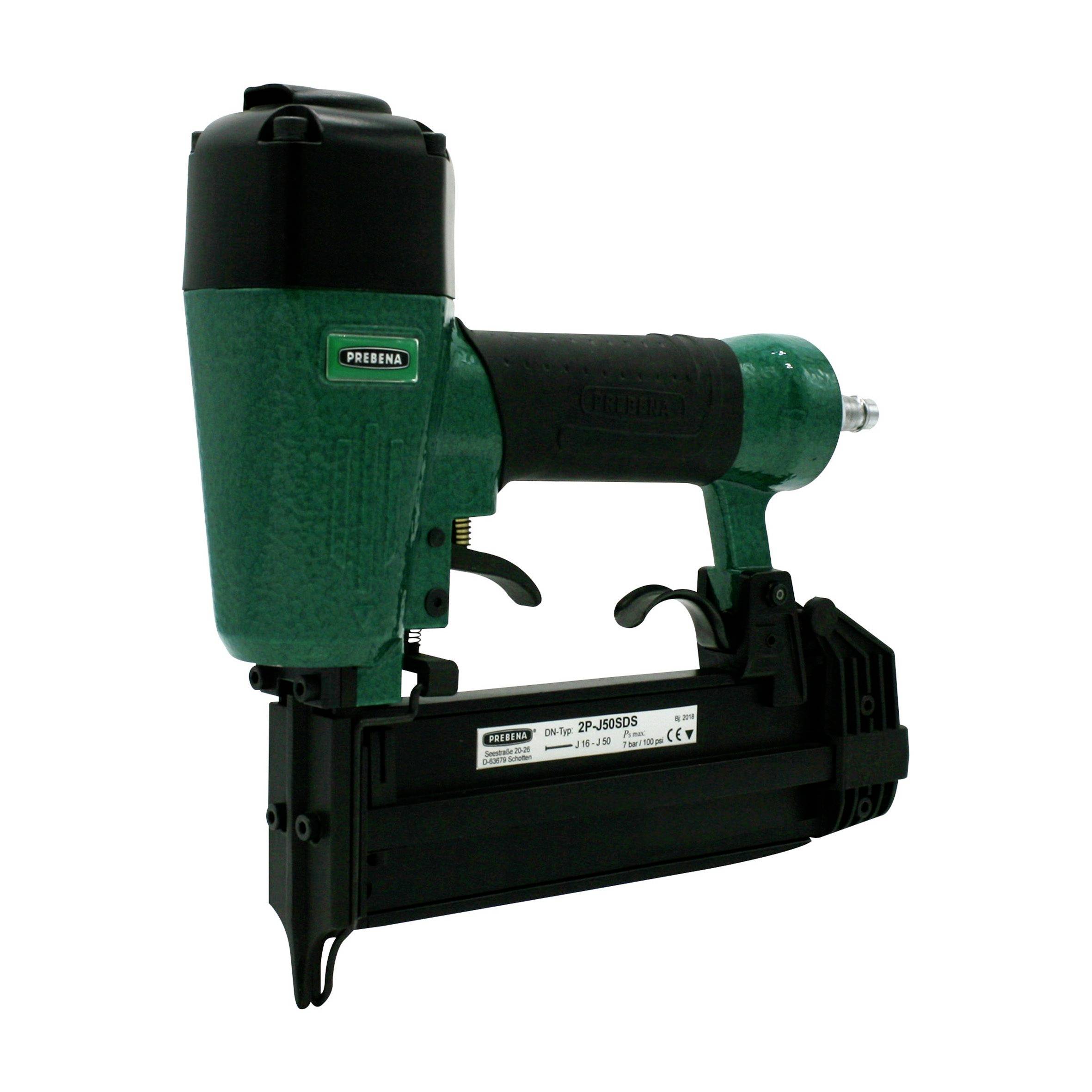 Pistolet à clous pneumatique vert et noir présenté de profil sur fond blanc.