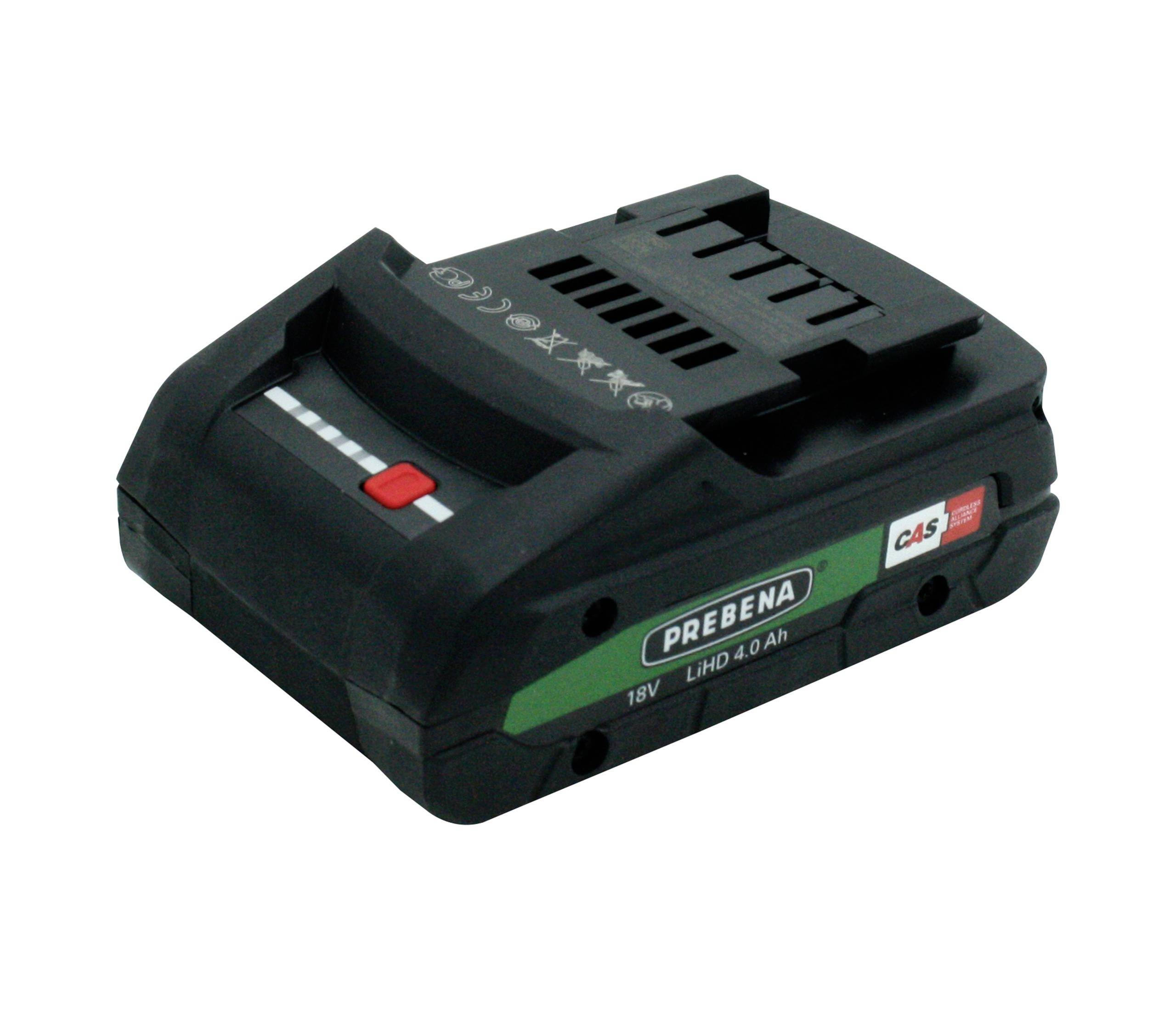 Batterie rechargeable noire pour outil électrique avec étiquette verte et bouton de libération rouge sur fond blanc.