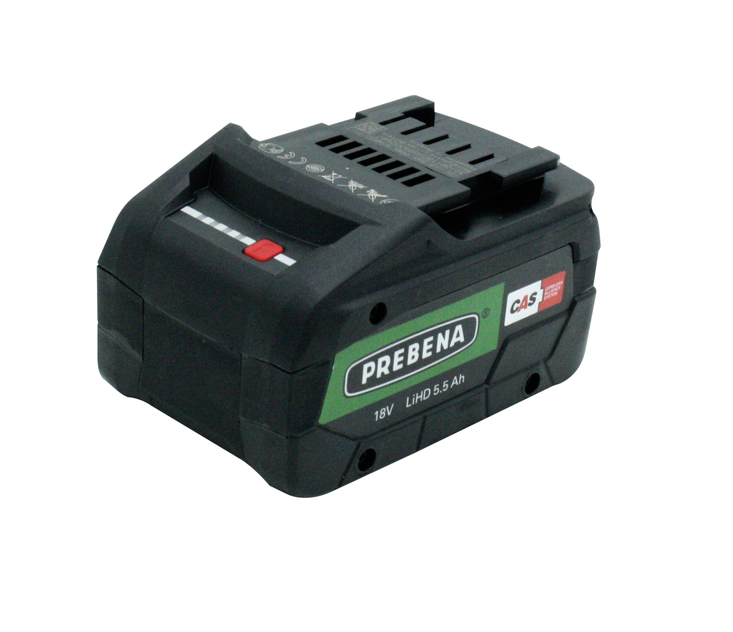 Batterie rechargeable Black PREBENA 18V LiHD 5,5 Ah sur un fond blanc.