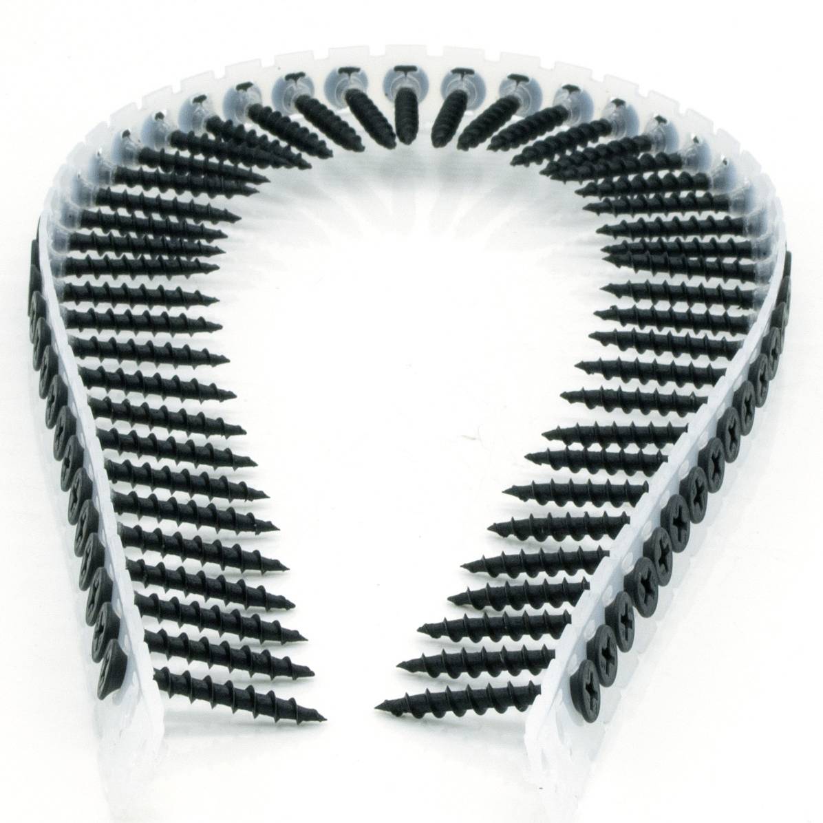 Bande de bobine de vis noires en boucle en forme de U, probablement une bande de vis assemblées pour utilisation dans un pistolet à vis.