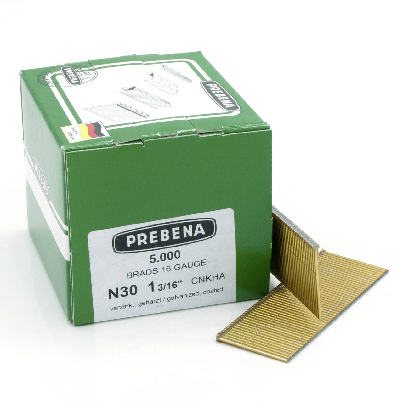 Boîte Prebena verte de clous de finition calibre 16, étiquetée « N30 1 3/16 », avec une bande de clous dorés s'étendant de la boîte ouverte.