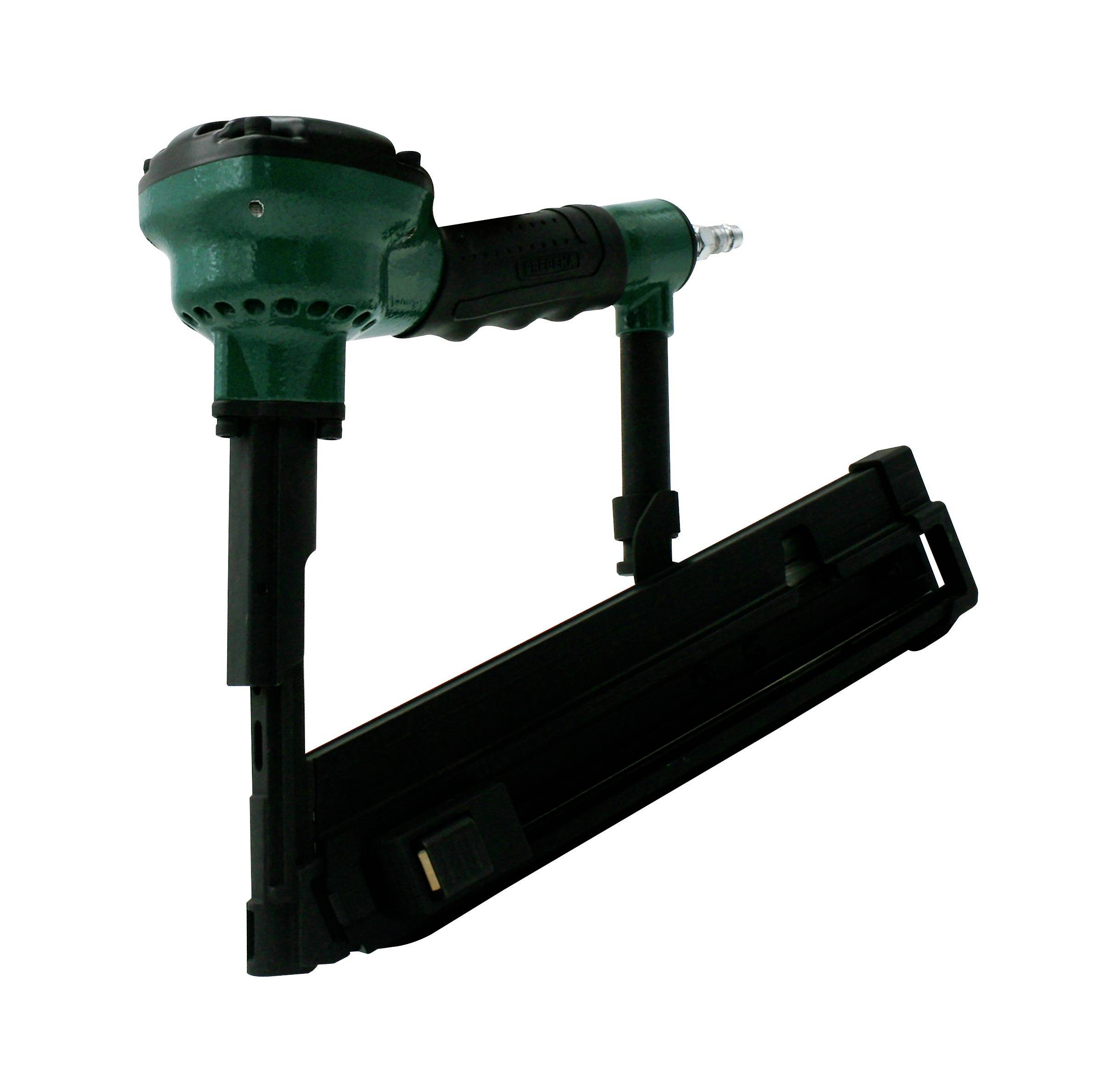 Pistolet à ongles pneumatique avec un corps vert et noir, montré sur un fond blanc.