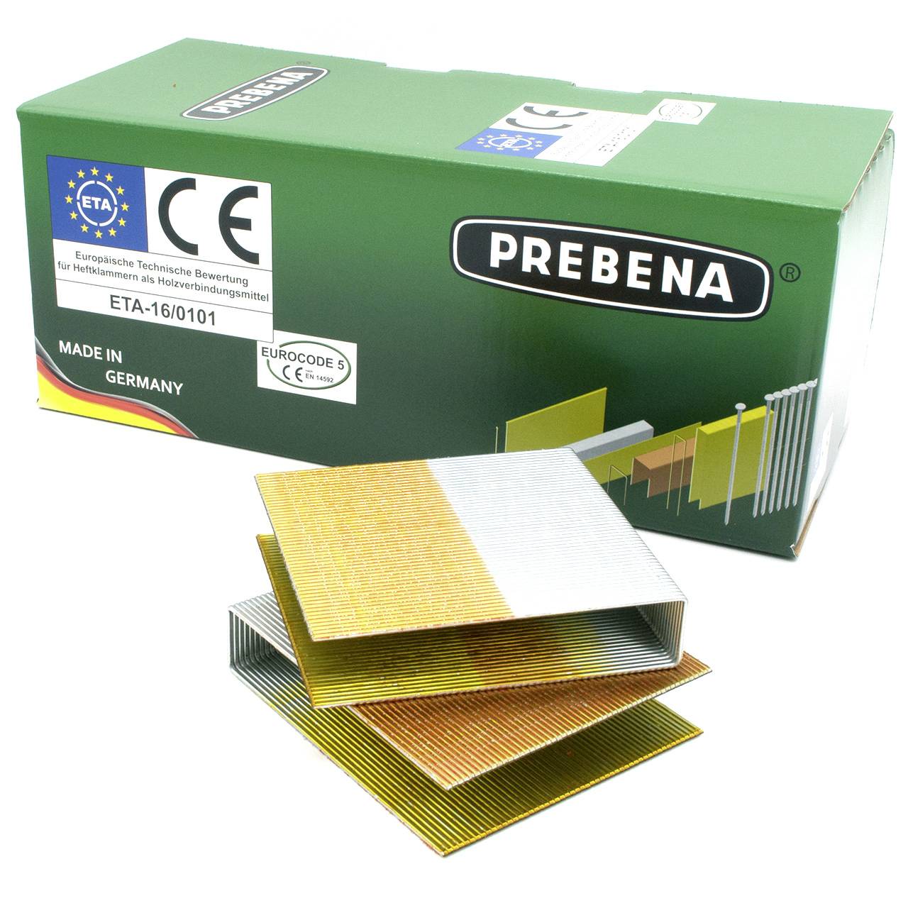 PREBENA-Karton mit kollimierten Metallnägeln oder Heftklammern, gezeigt mit gestapelten Befestigungsstreifen vorne, was Konstruktionsbefestigungsmittel anzeigt.