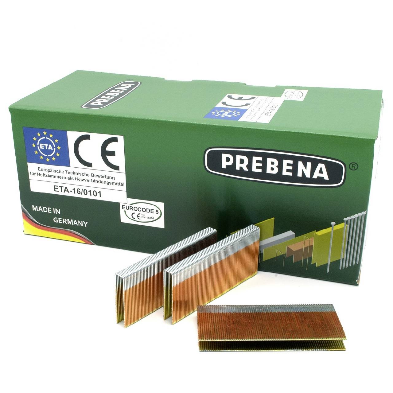 Agrafeuses à clous Prebena affichées devant une boîte de produit Prebena verte avec des étiquettes de certification CE et ETA.