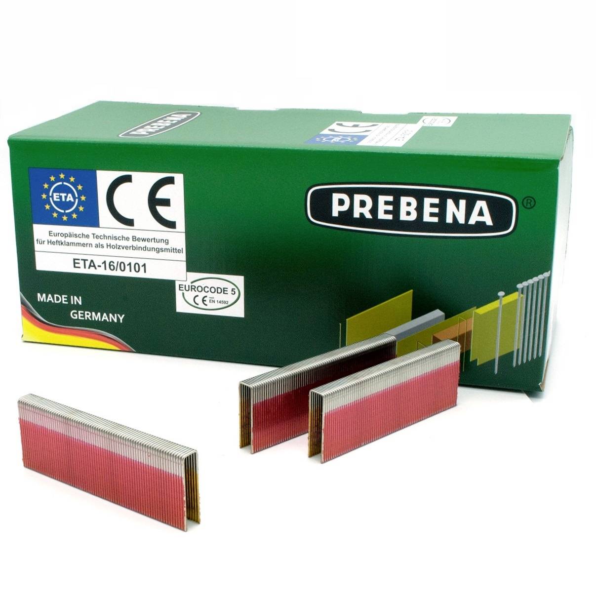 Box of PREBENA nails with three red collated nail strips displayed in front, labeled CE, ETA-16/0101, and Made in Germany.