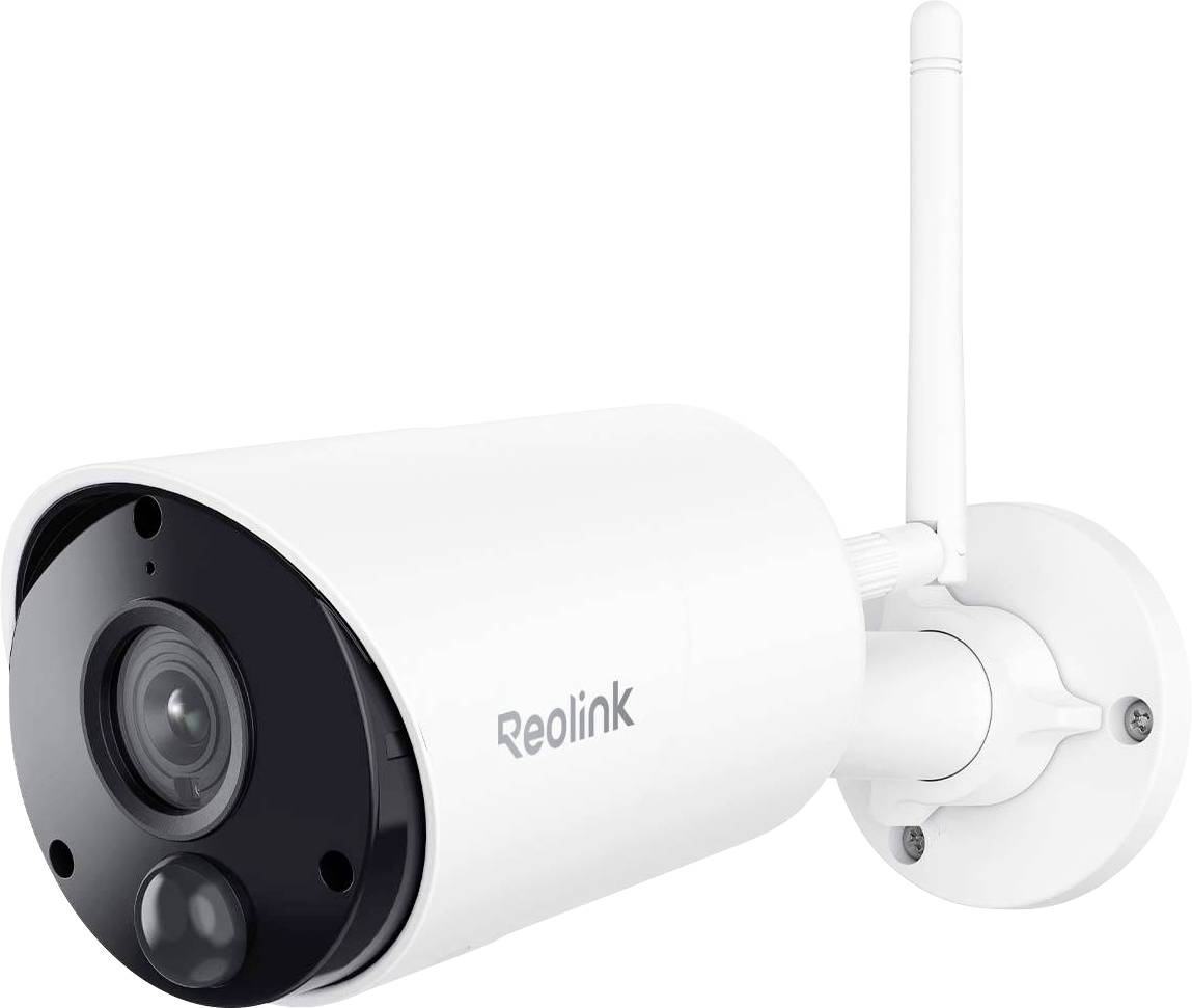 Caméra de sécurité extérieure Reolink blanche avec antenne montée sur un support mural, présentée en vue produit sur fond blanc.