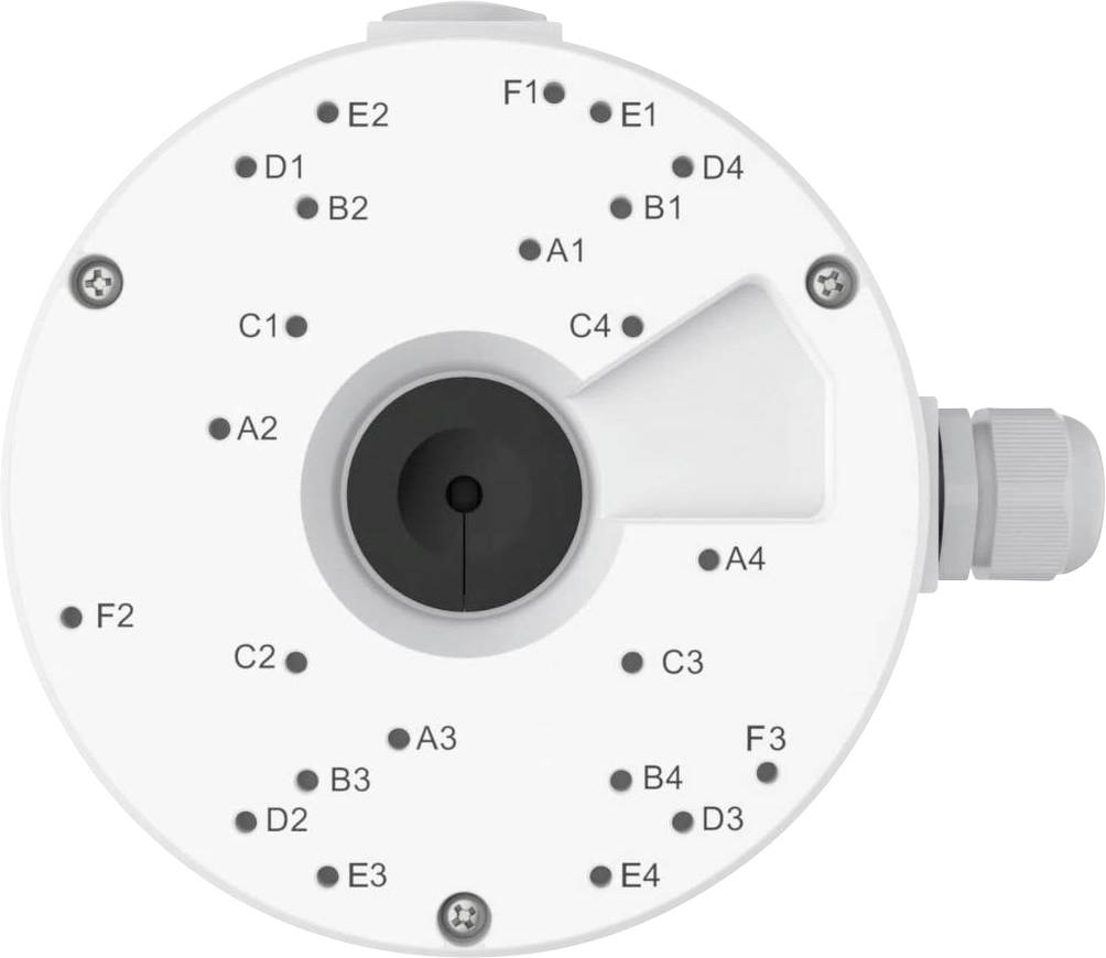 Dispositif blanc circulaire avec face étiquetée de A1 à F3, port central sombre et connecteur de câble latéral, probablement un diagramme de disposition du câblage ou des bornes.