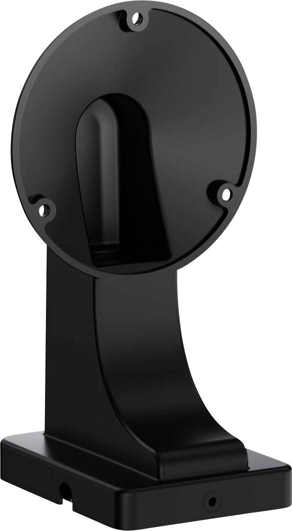 Support mural noir avec plateau supérieur rond et bras de support incurvé sur une base rectangulaire, présenté sur un fond blanc.