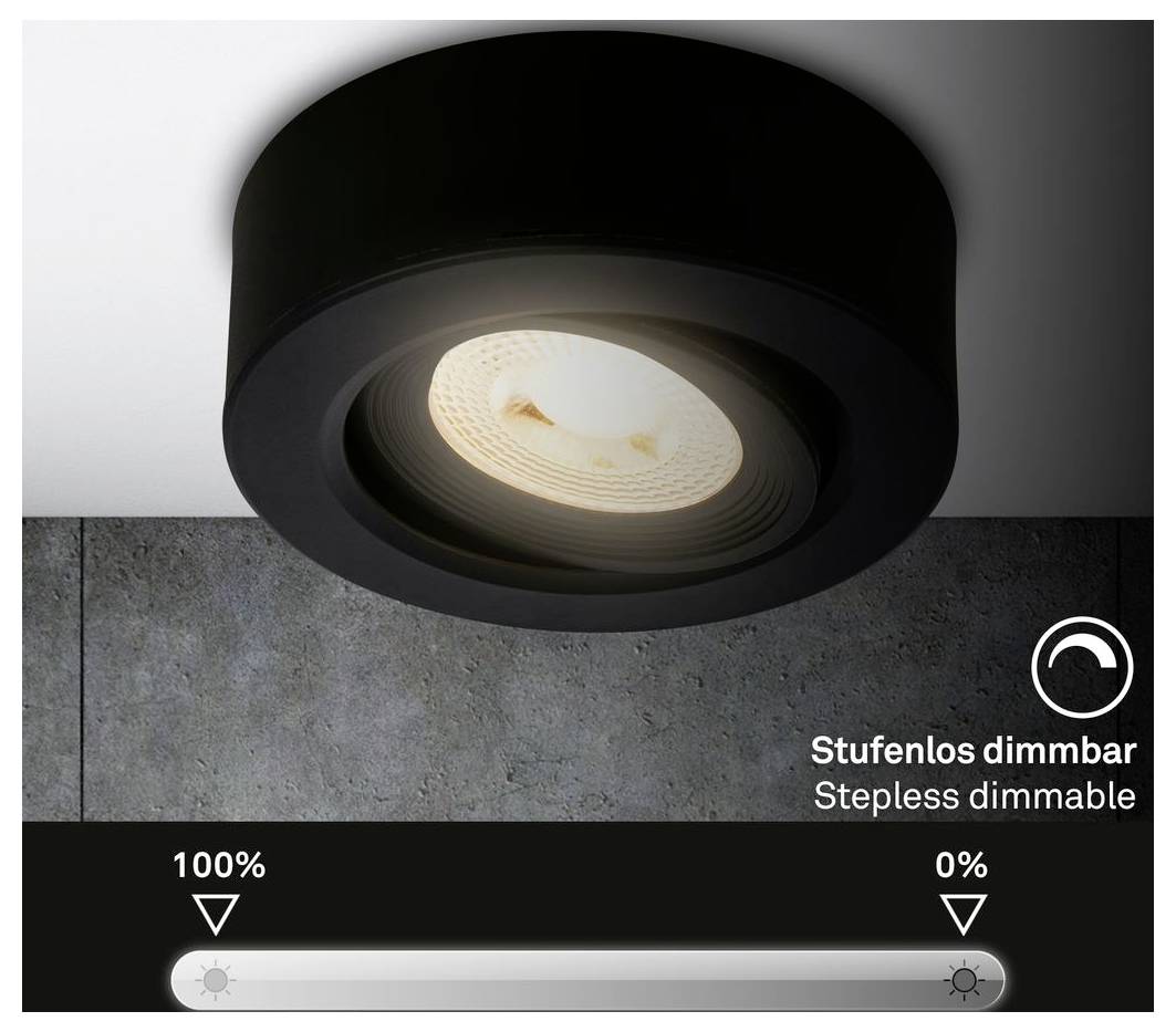 Image du produit d'un projecteur encastré au plafond noir avec l'étiquette « Graduable sans paliers »/« Graduable sans à-coups » et une barre de gradateur montrant une sortie de 100 % à 0 %.