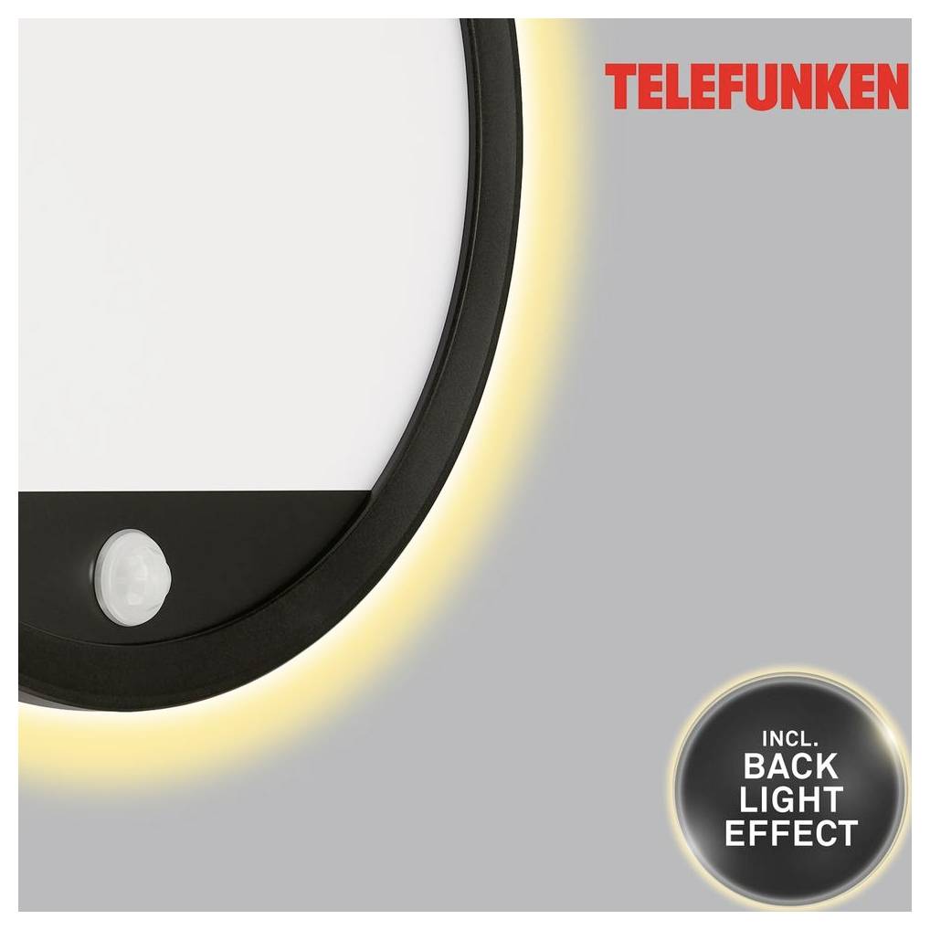 Close-up of a Telefunken circular wall light with a soft backlight effect; label says 'INCL. BACK LIGHT EFFECT'.