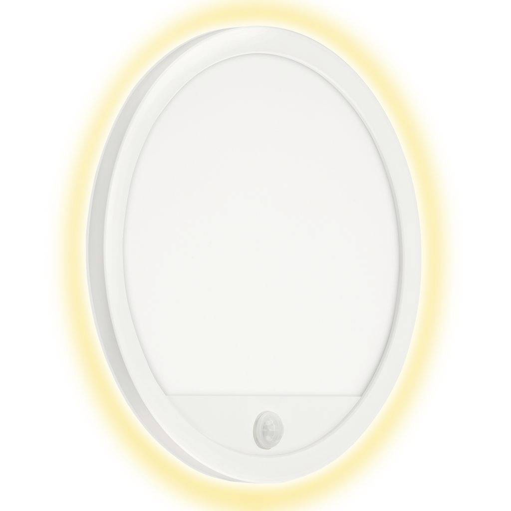Applique murale LED blanche ovale avec une douce lueur jaune autour du bord et un petit capteur en bas.