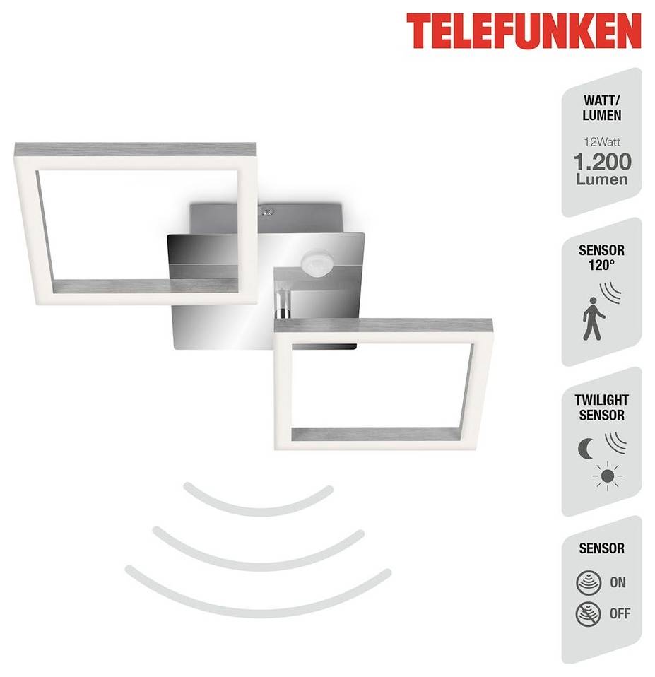 Lumière de sécurité extérieure blanche Telefunken à double tête avec détecteur de mouvement, présentée sur fond blanc avec icône de signal sans fil en dessous.