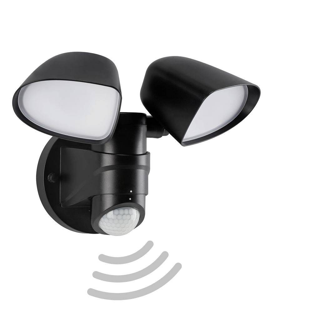 Projecteur de sécurité à double tête activé par mouvement de couleur noire avec capteur PIR situé sous les lumières.