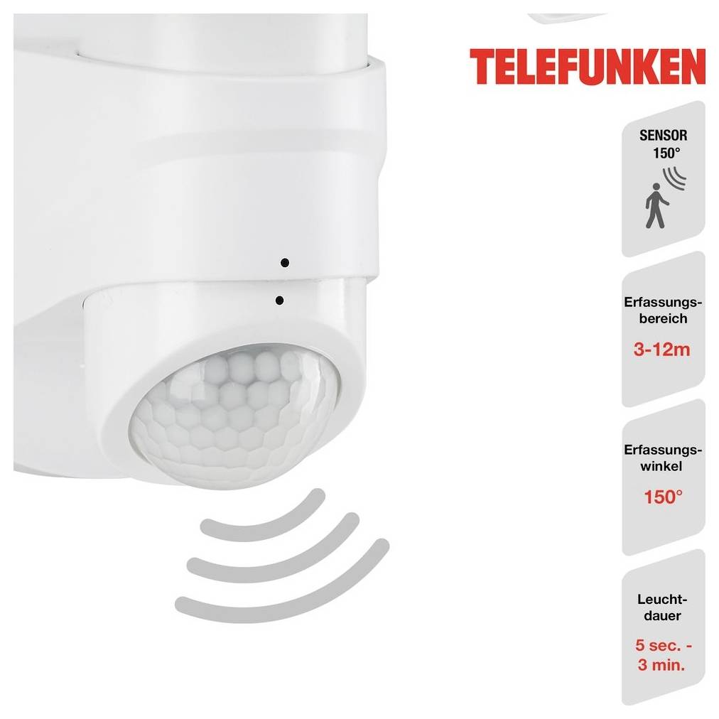 Capteur de mouvement blanc Telefunken avec détection à 150°, portée de 3-12 m, durée d'éclairage de 5 sec-3 min, illustré dans le graphique produit avec icône de capteur.