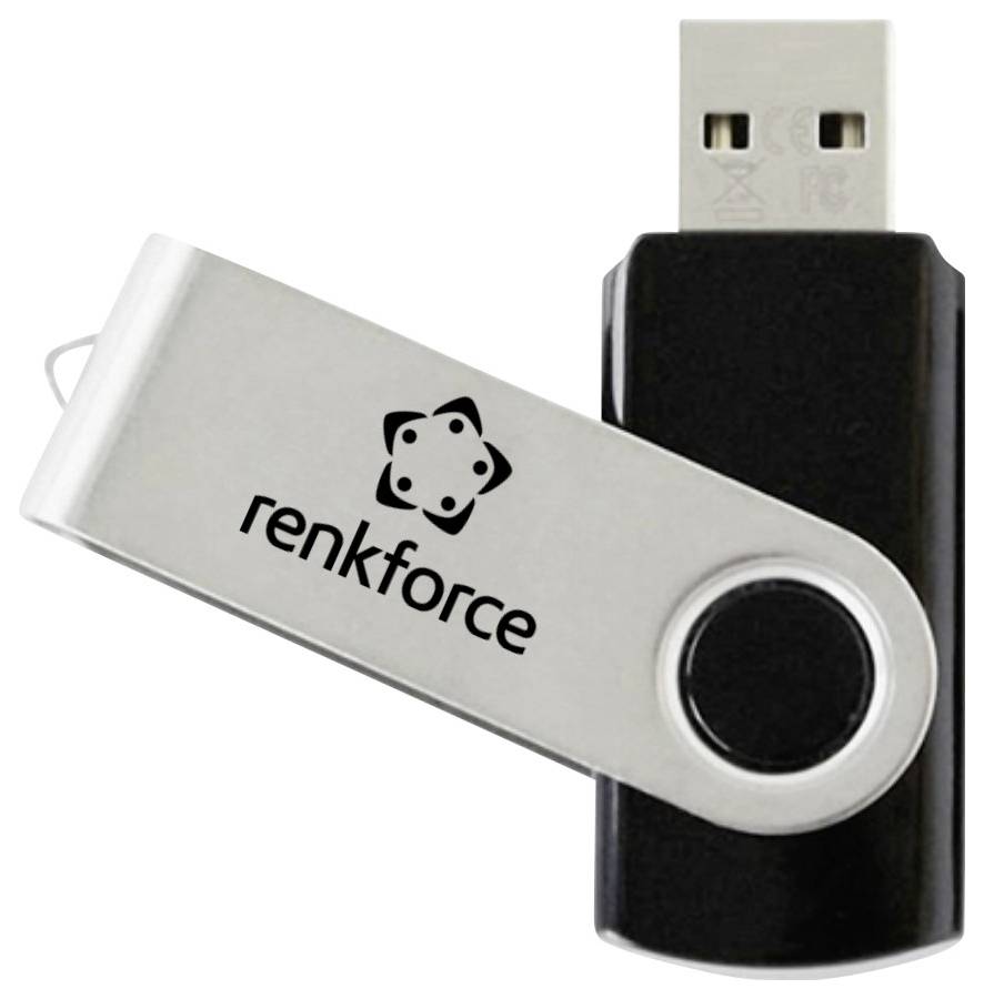 Clé USB argent et noir avec le logo « renkforce », présentée en angle sur un fond blanc.
