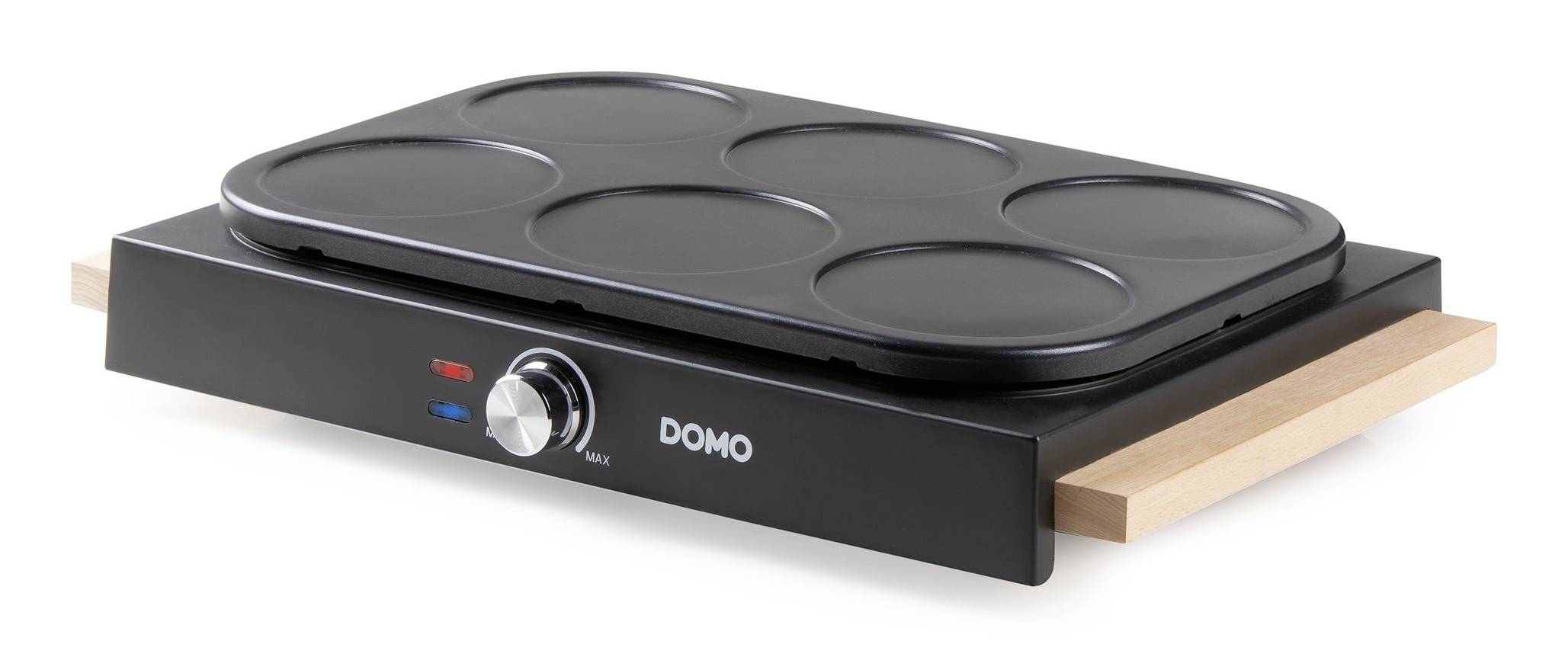 Electric crepe maker with six round cooking wells, black body and wooden side handles, branded 'DOMO' with temperature dial on front.