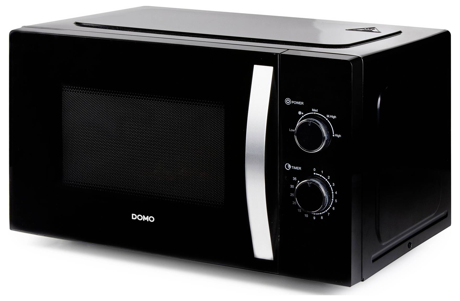 Black countertop microwave oven with front window, silver handle, and two control dials on the right.