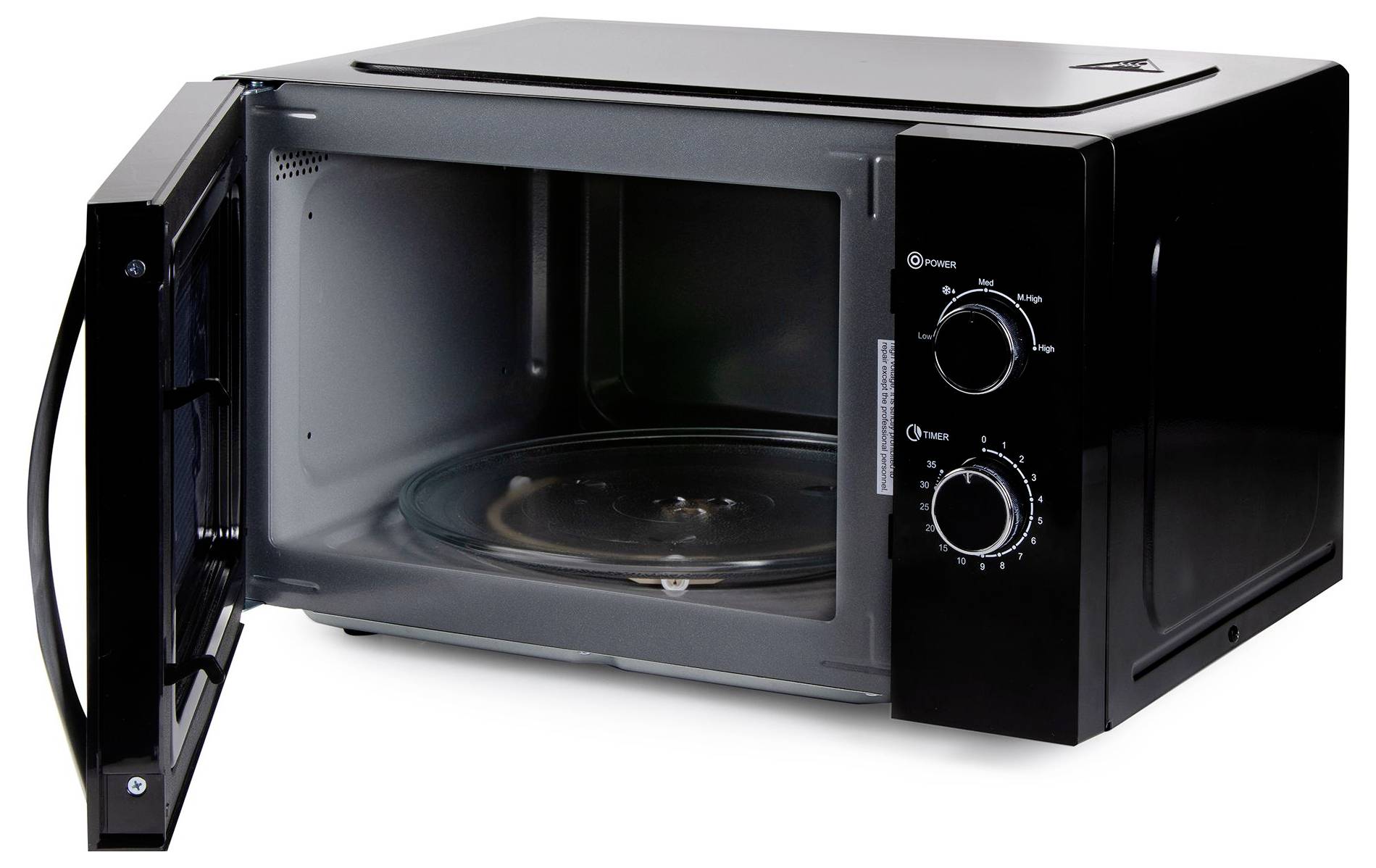 Black countertop microwave oven with the door open, showing the empty interior, glass turntable, and two front control dials.