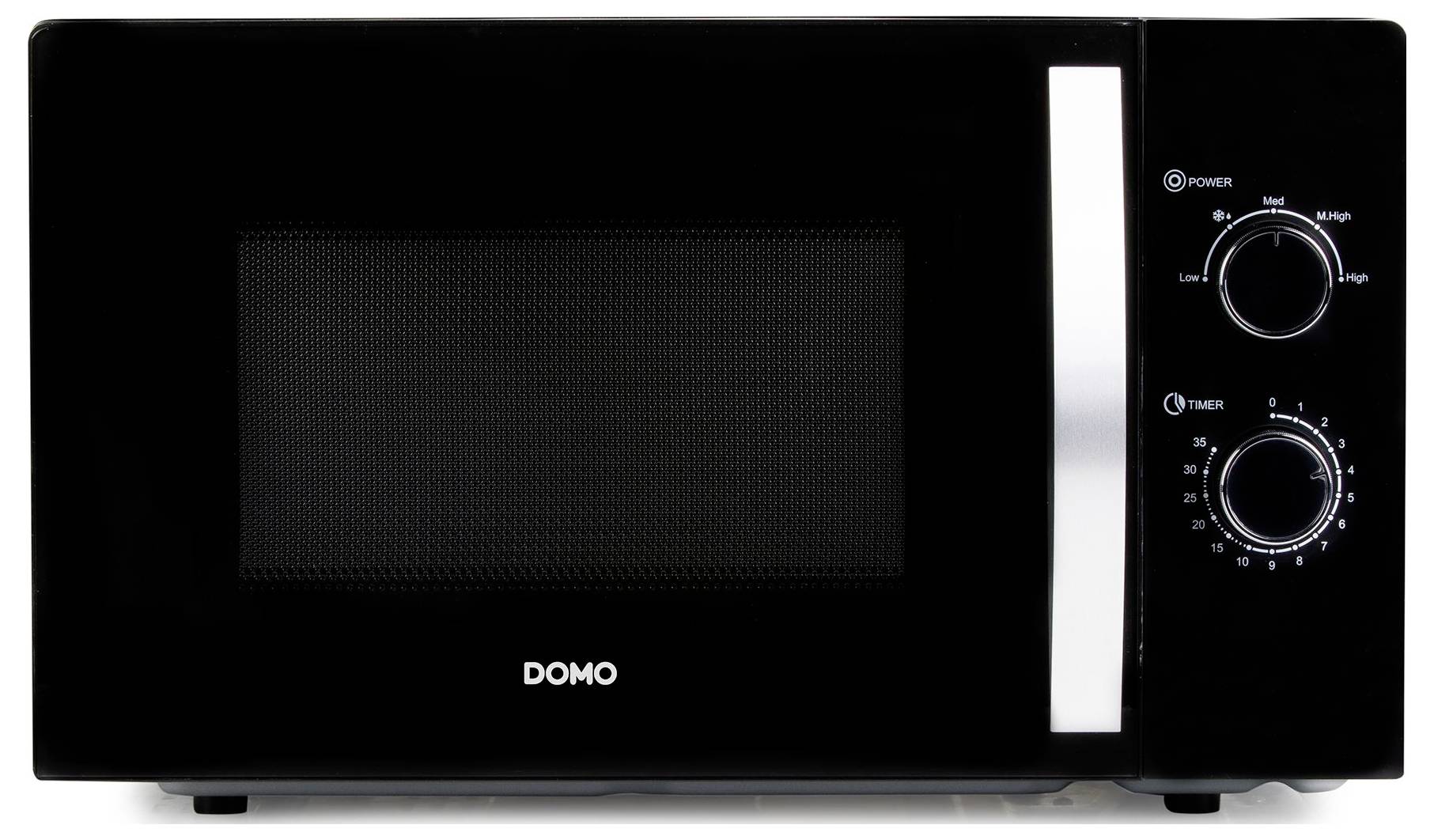 Black countertop microwave oven with digital control dials on the right and a 'DOMO' logo on the front.