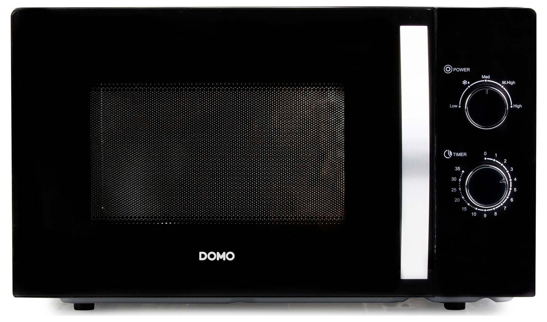 Black Domo microwave oven with a silver handle on the right and two control dials for power and timer.
