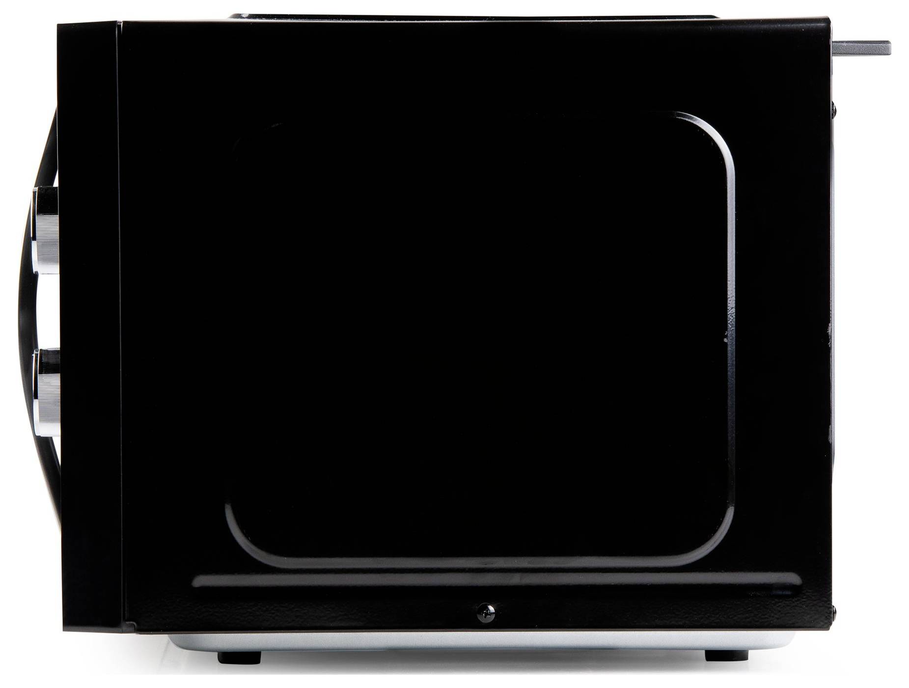 Front view of a black microwave oven with a tinted door, handle on the left, and control panel on the right.