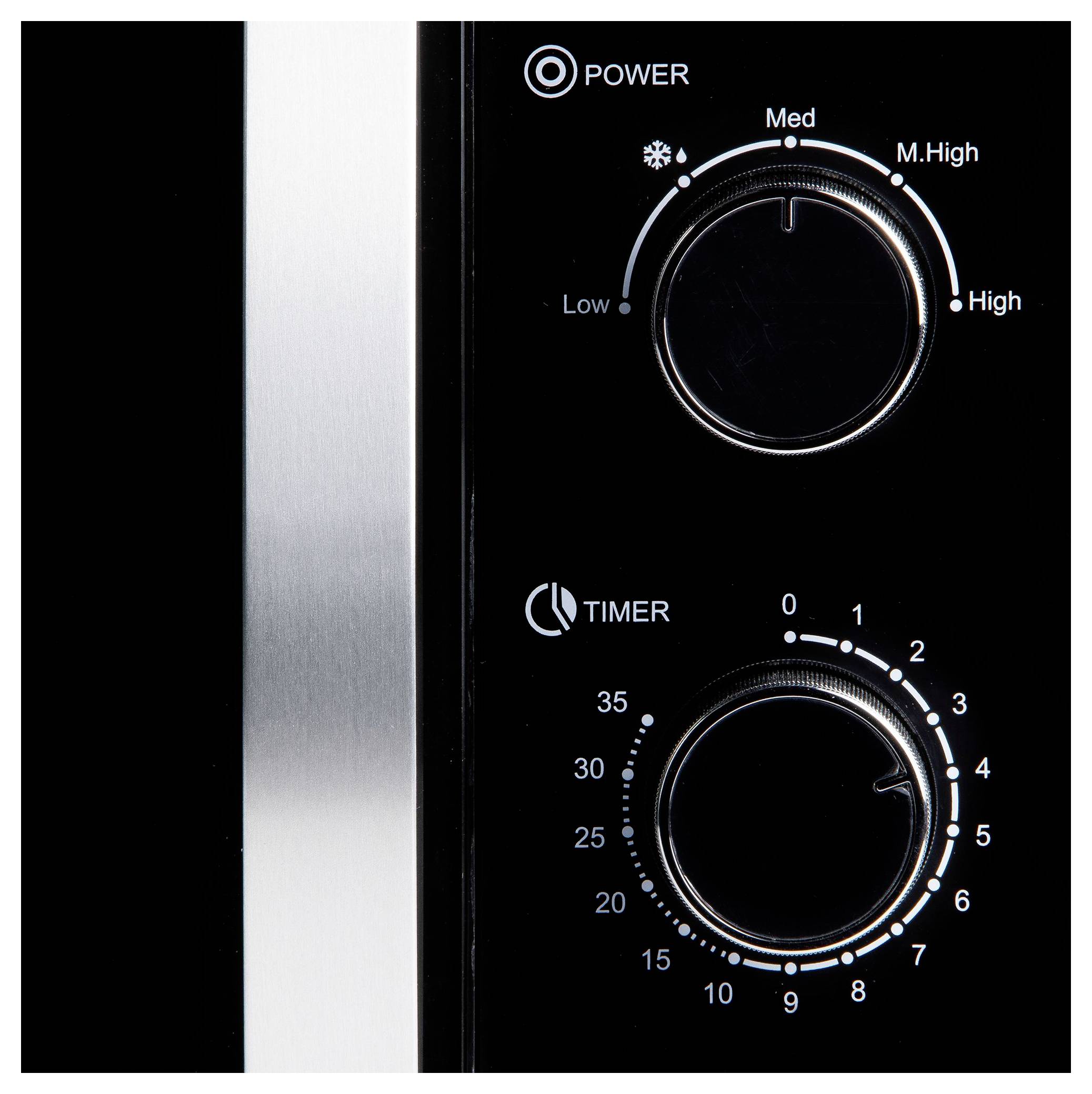 Close-up of a black appliance control panel with a POWER knob for heat levels from Low to High and a TIMER knob marked 0 to 35 minutes.