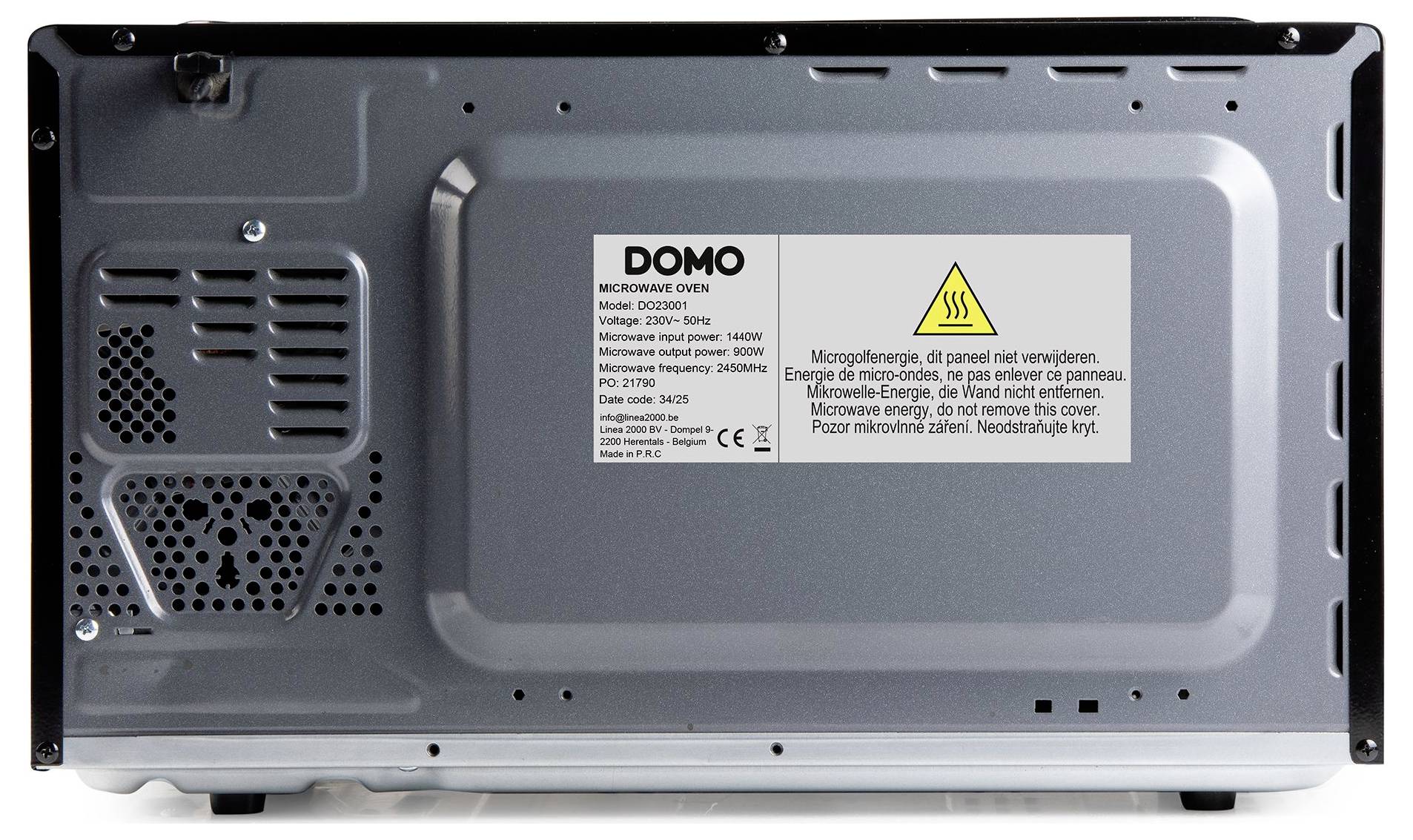 Rückseite eines DOMO-Mikrowellenofens mit belüftetem Metallgehäuse, Schrauben und einem Warnschild mit Sicherheitsanweisungen.