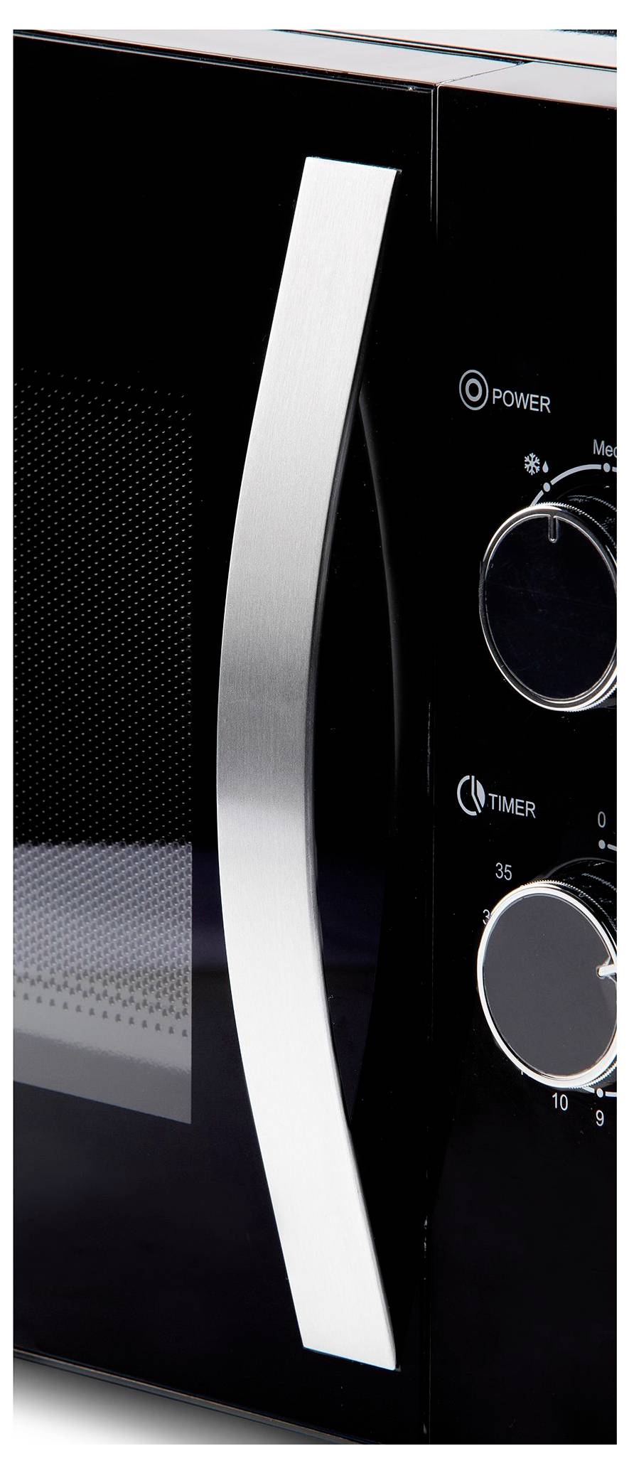 Close-up of a black microwave oven door with a silver vertical handle and control dials labeled 'POWER' and 'TIMER'.