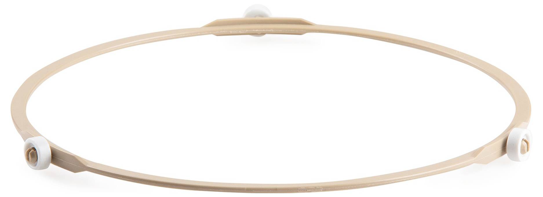 A beige elastic headband arranged in an oval, with small white clasps and a central adjustment piece.