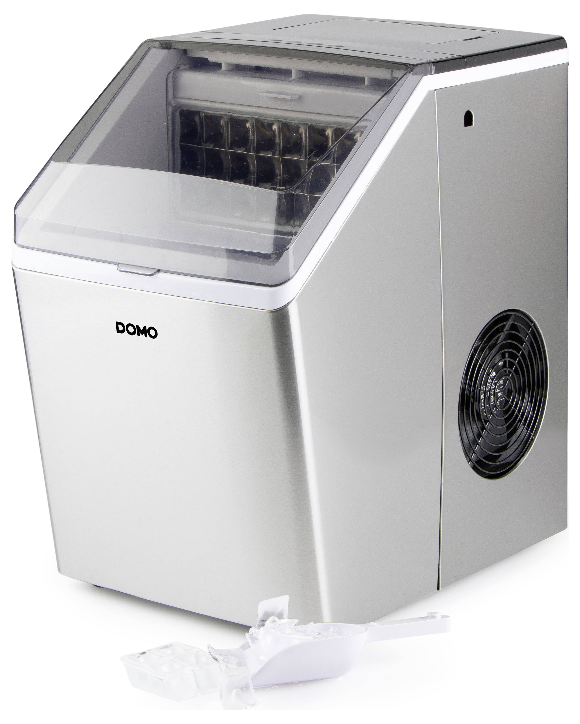 Compact stainless steel ice maker with transparent lid and front Domo logo, shown with a plastic ice scoop in front.