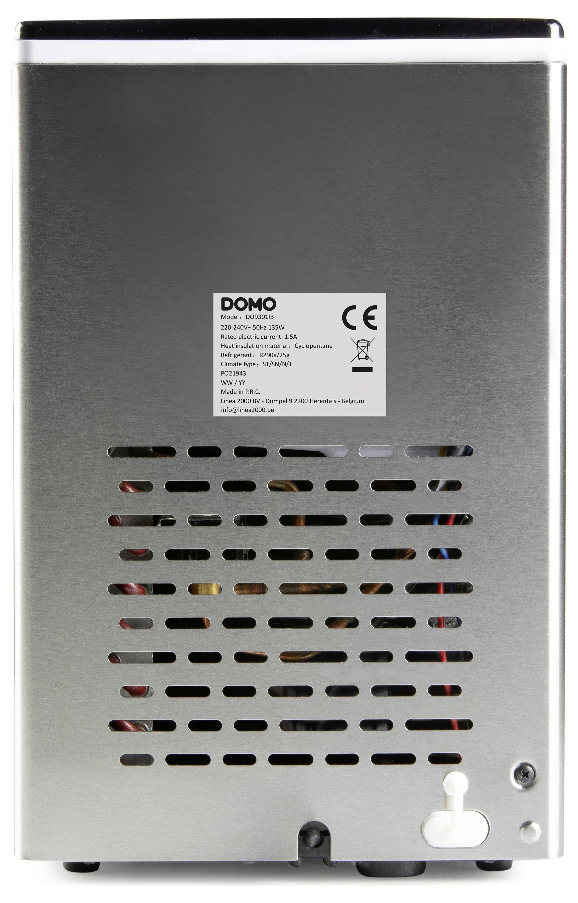 Rear view of a stainless steel Domo appliance with a vented panel, product label, power cord opening, and white drain/plug near the bottom.