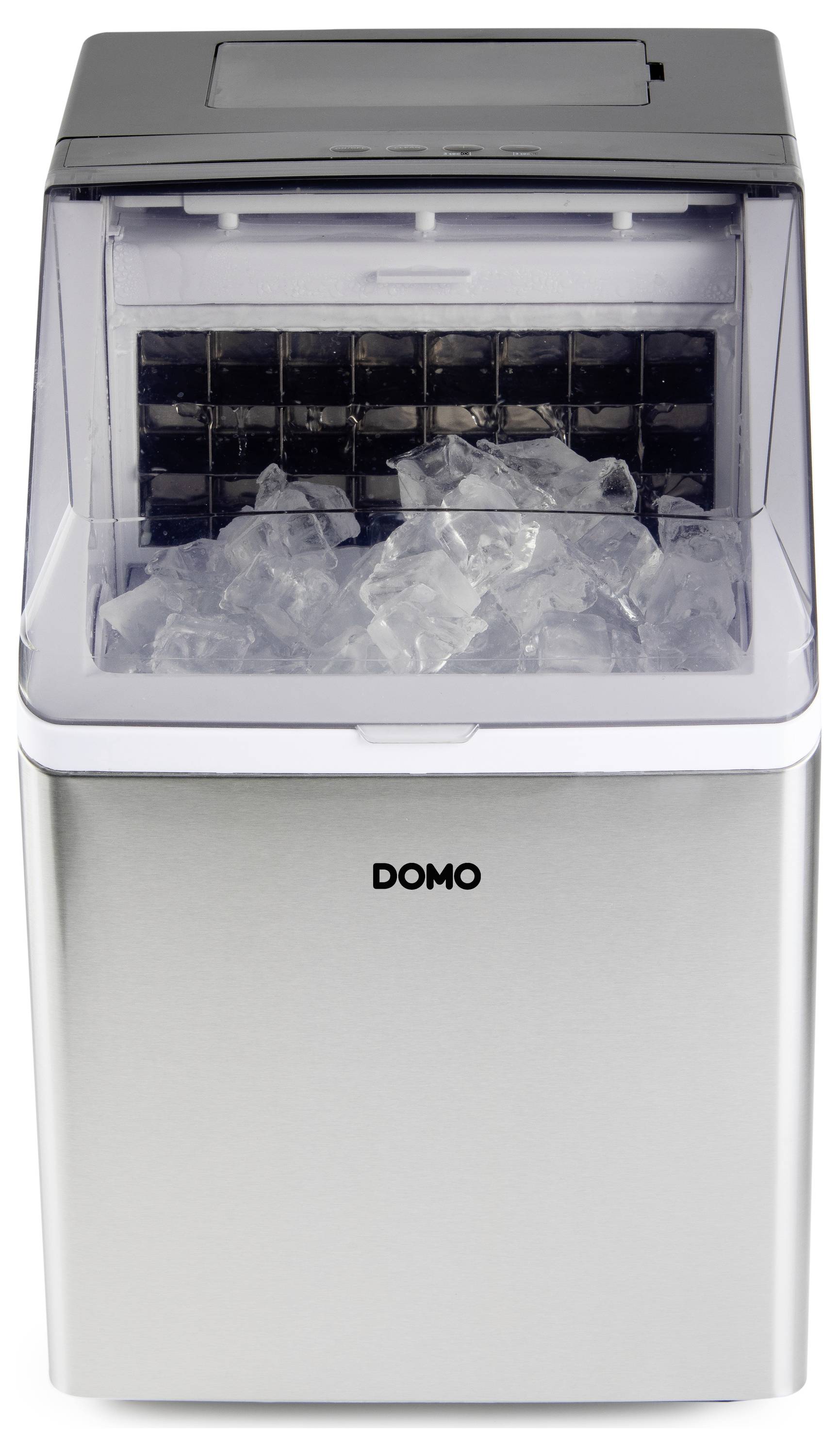 Front view of a countertop ice maker with a transparent bin full of ice cubes and the brand name 'DOMO' on the front