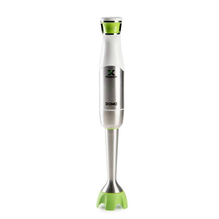 Silver and green handheld immersion blender with blending attachment on a white background.