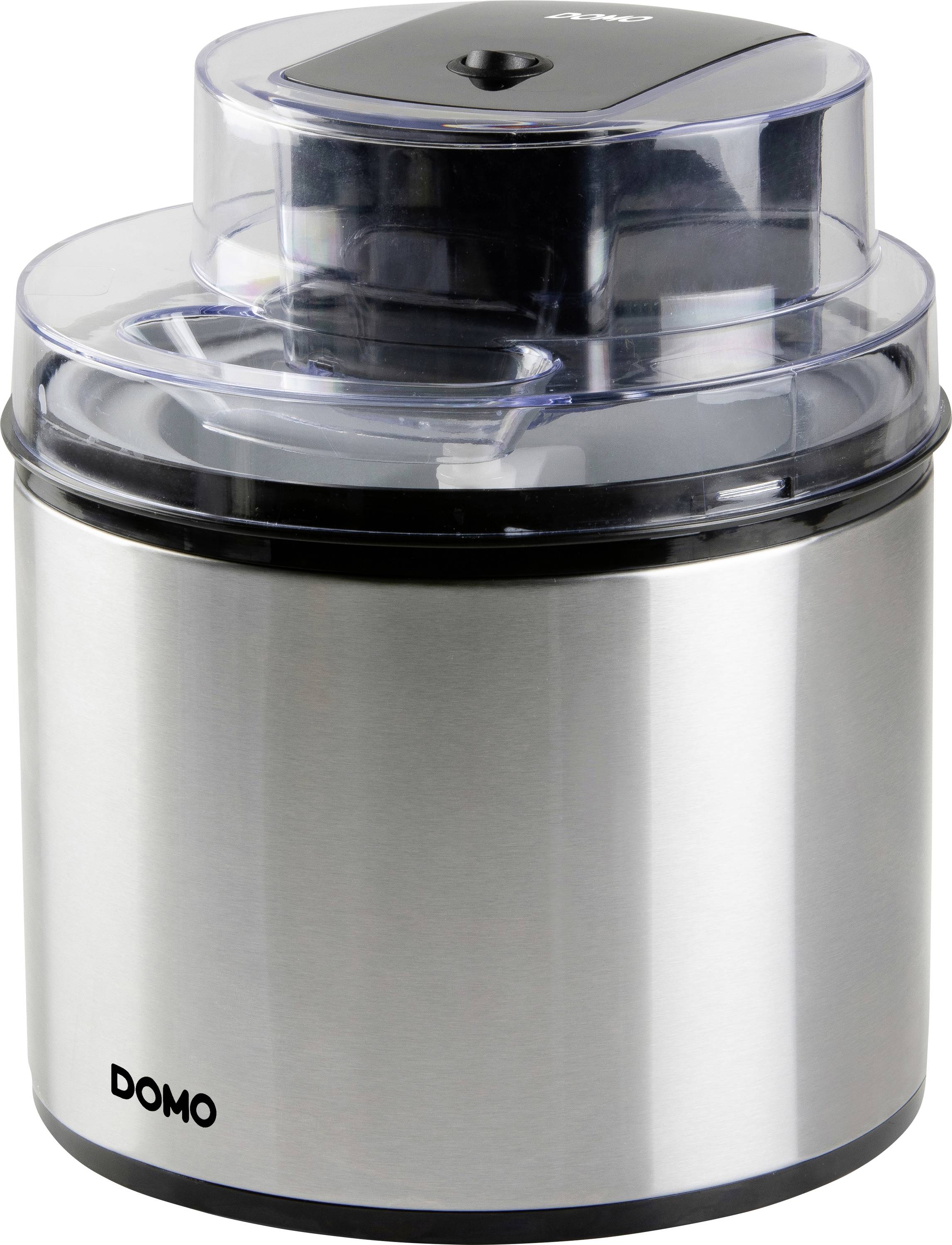 Appareil de comptoir en acier inoxydable avec un couvercle transparent et un dessus noir, marque DOMO, probablement une sorbetière compacte ou un mélangeur alimentaire.