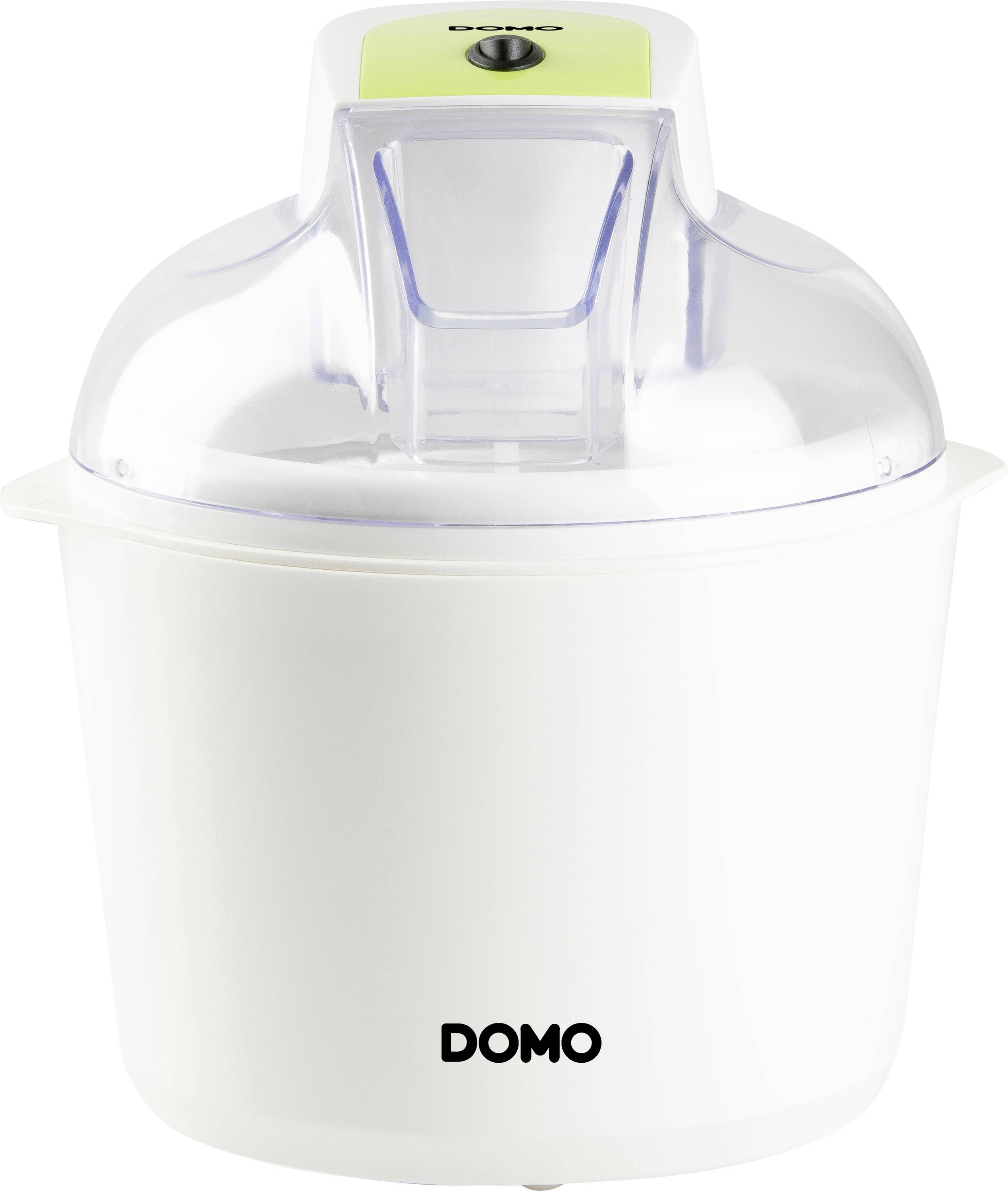 Sorbetière DOMO blanche avec couvercle en plastique transparent et partie supérieure vert citron, présentée sur un fond uni.