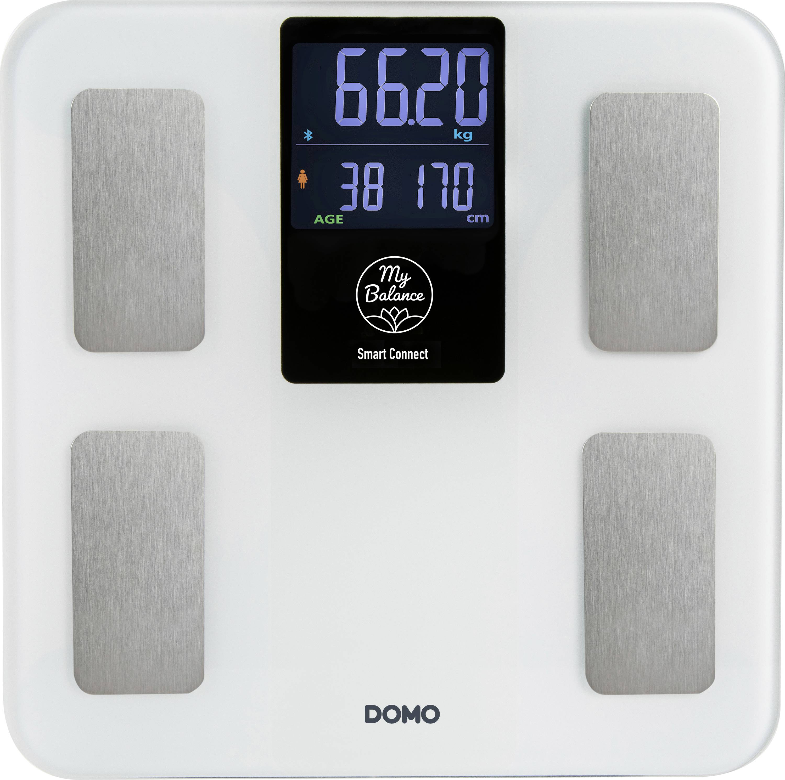 Balance numérique blanche de salle de bain affichant 66,20 kg et 38 ans, 170 cm sur un écran central ; Domo 'My Balance' Smart Connect.
