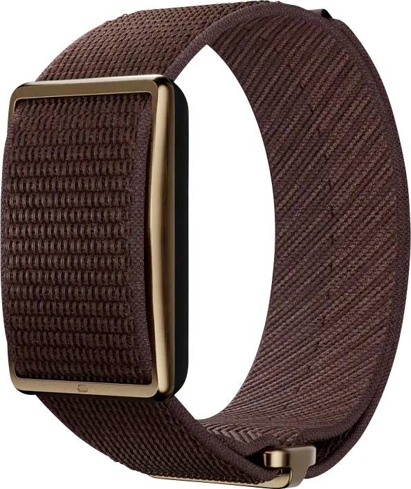 Bracelet de montre tissé marron avec une boucle rectangulaire de couleur or sur un fond blanc uni.