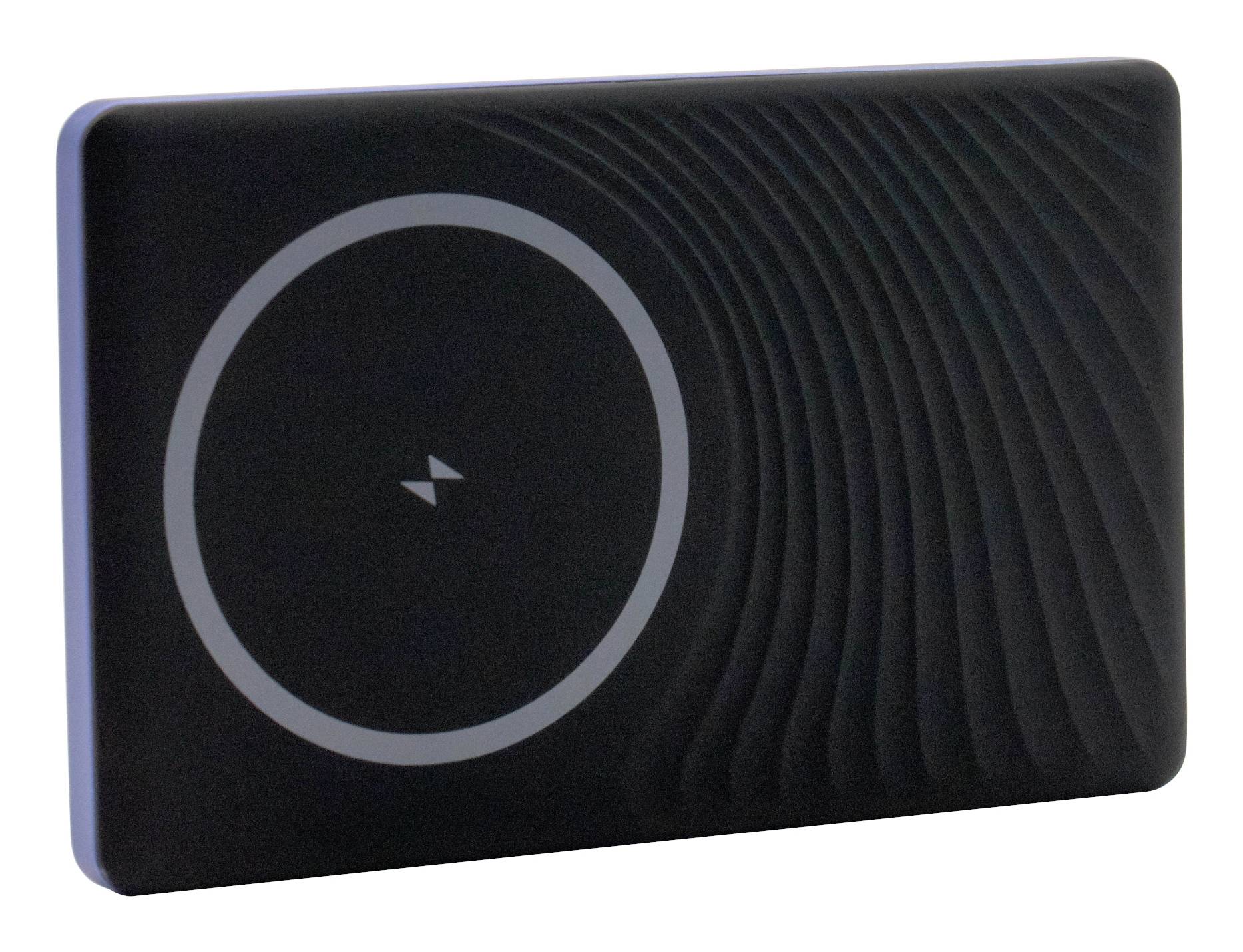 Black wireless charging pad with a circular charging zone and small lightning icon, shown on a white background.
