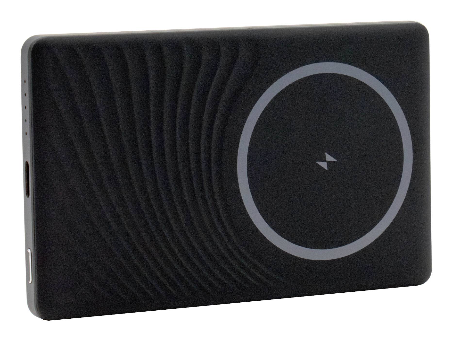 Black wireless charging pad with circular MagSafe-style alignment ring and USB-C port on the side, shown on a white background.