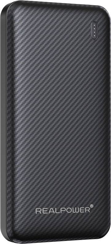 Banque d'alimentation Black RealPower avec motif en fibre de carbone et quatre indicateurs de batterie LED près du haut.